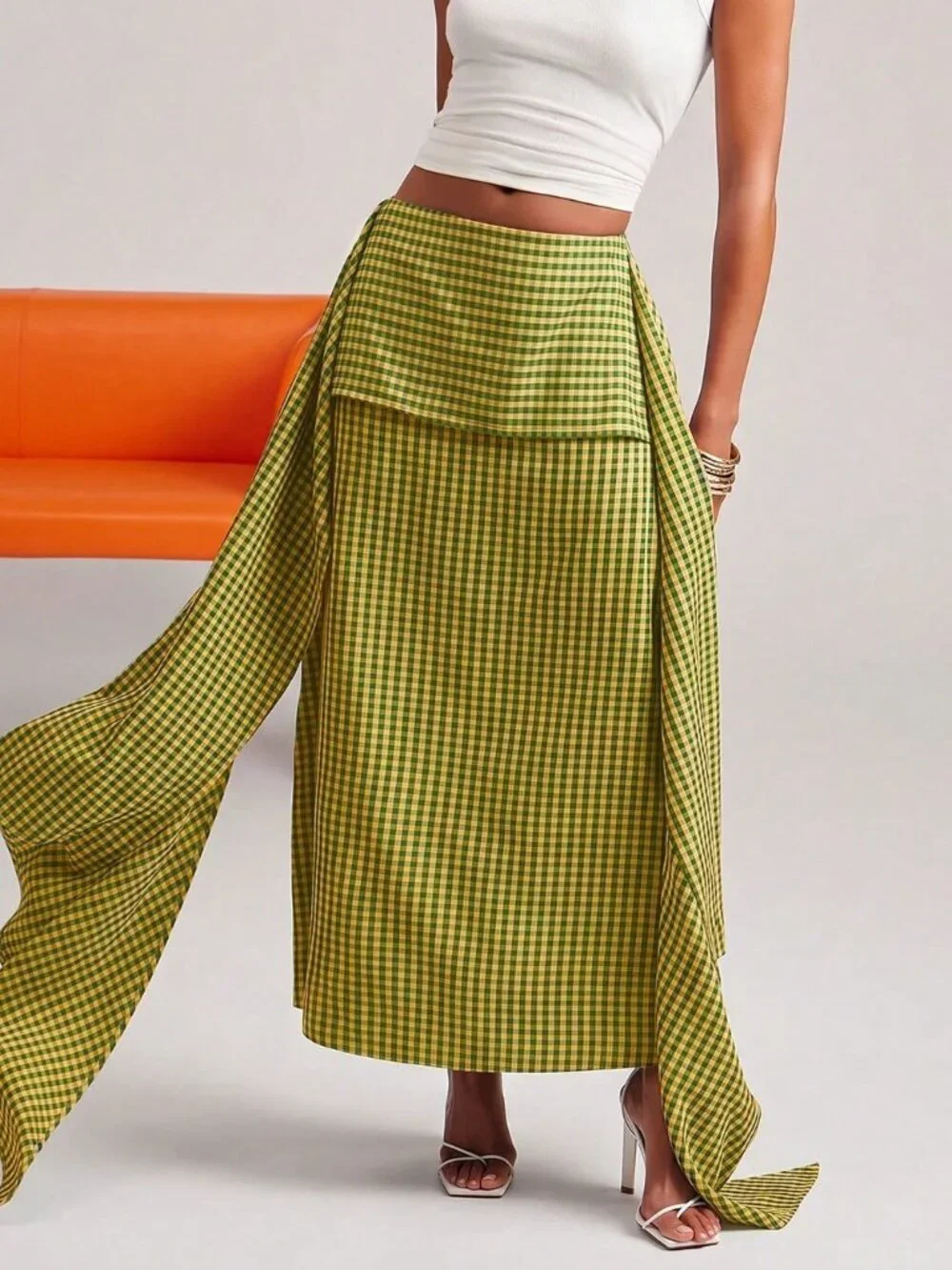 Yellow Casual Women's Gingham Tiered Flare Midi Skirt